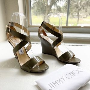 Jimmy Choo Khaki Patent Leather Wedge Ankle Strap Sandals w/Dust Bag